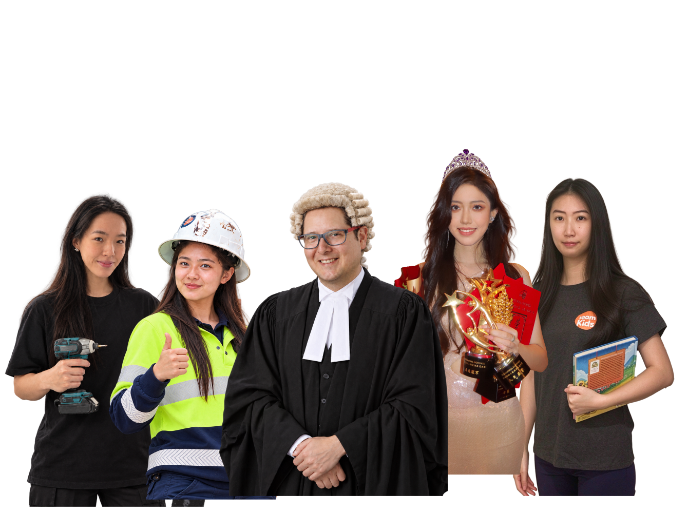 DCR staff portraying a climbing route setter, construction labourer, court judge, pageant titleholder and primary school teacher.